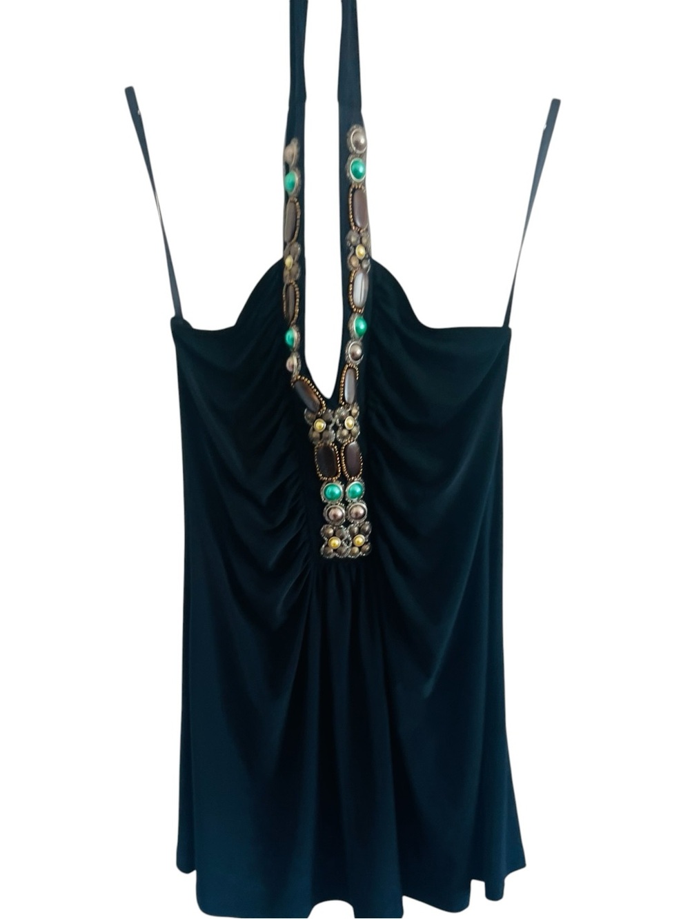 Entry Black Halter Tank with Turquoise and Gold Embellishments